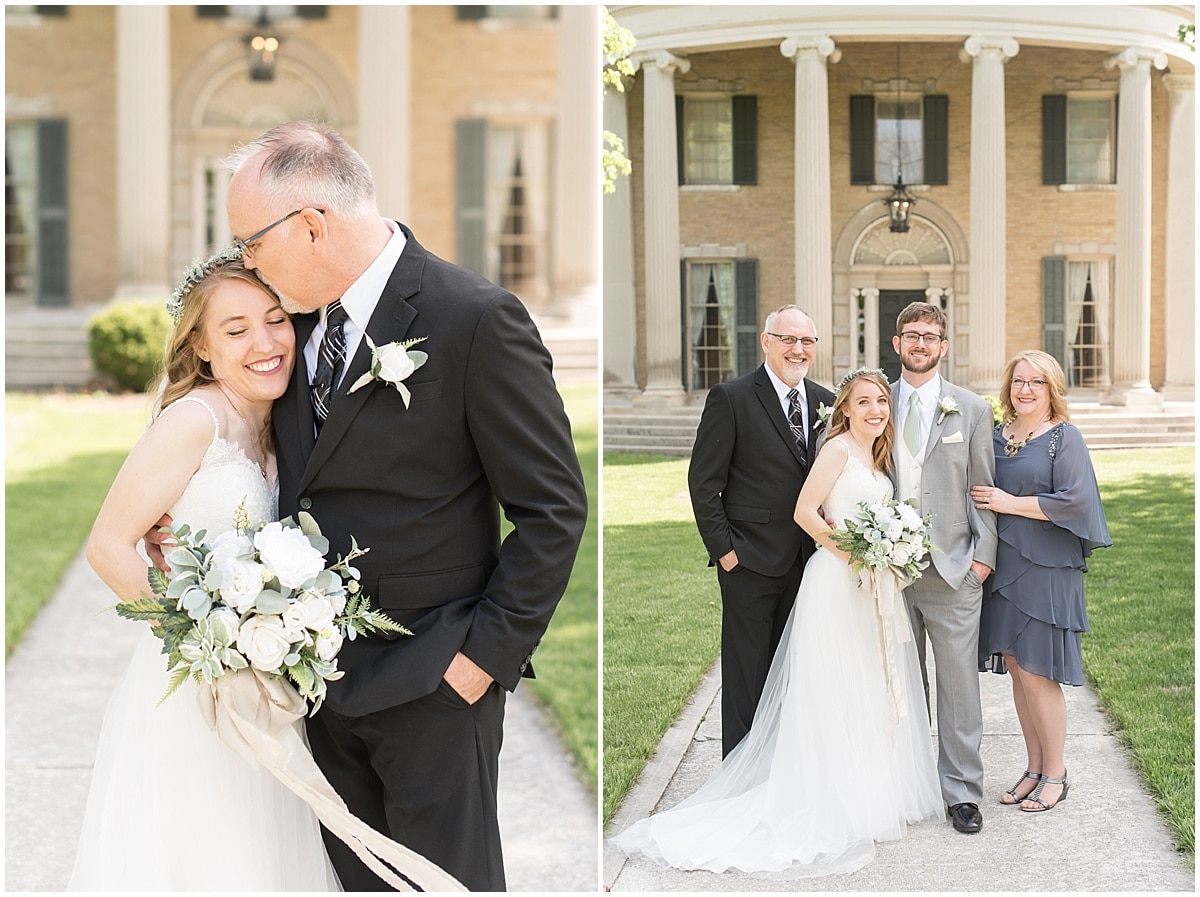 A bride with her father and the bride and groom with the bride's parents. Photos like these should be included on your family photo shot list for your wedding day.