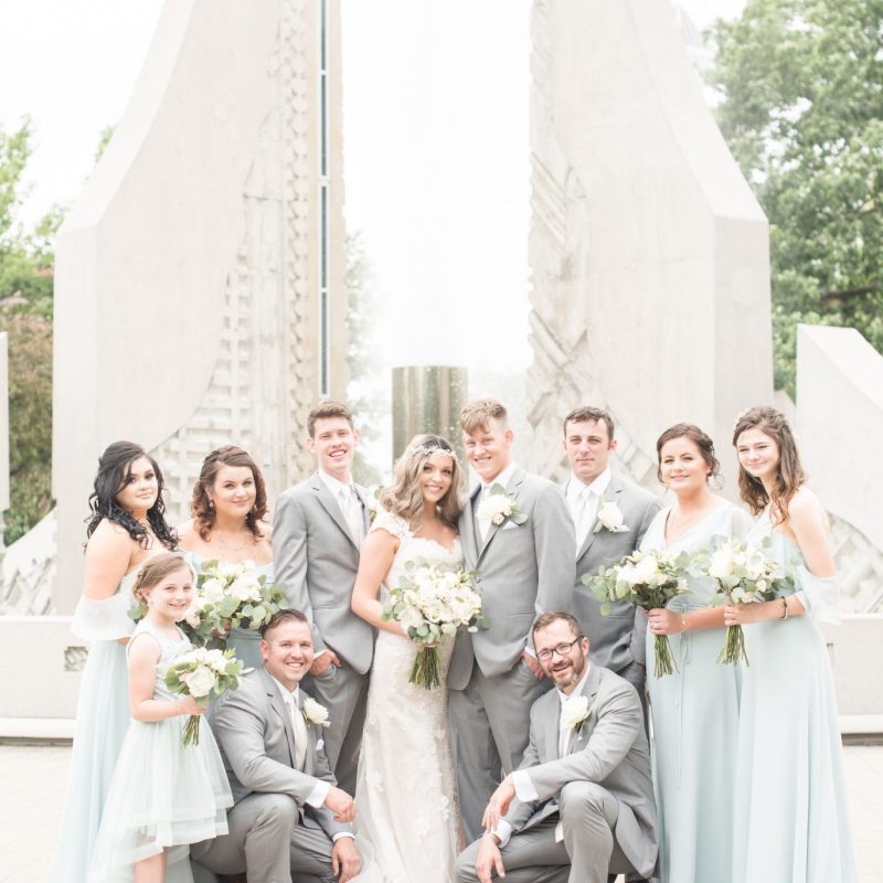 Bridal party in front of Purdue University Fountain by Indianapolis wedding photographer Victoria Rayburn Photography