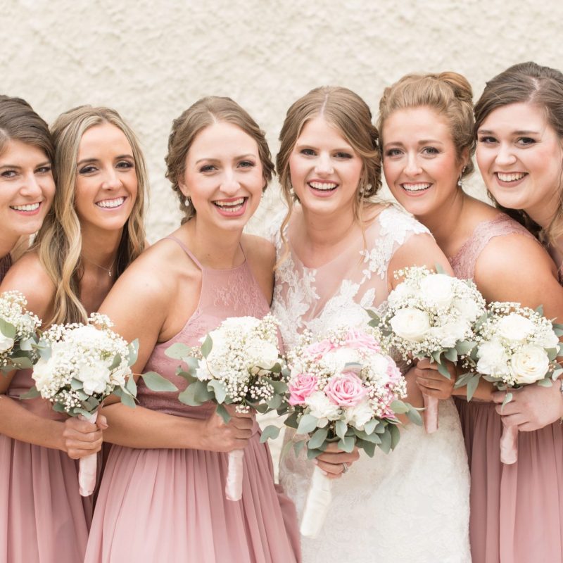 Bride with her bridesmaids in light pink by Indianapolis wedding photographer Victoria Rayburn Photography
