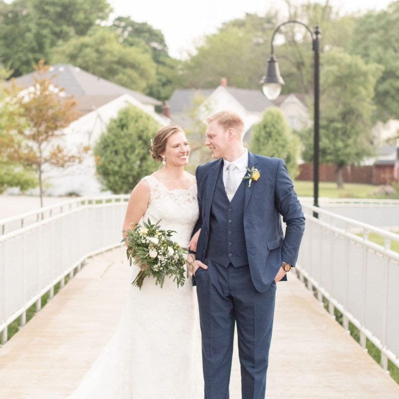 Bride and groom on wooden walkway after wedding by Indianapolis wedding photographer Victoria Rayburn Photography