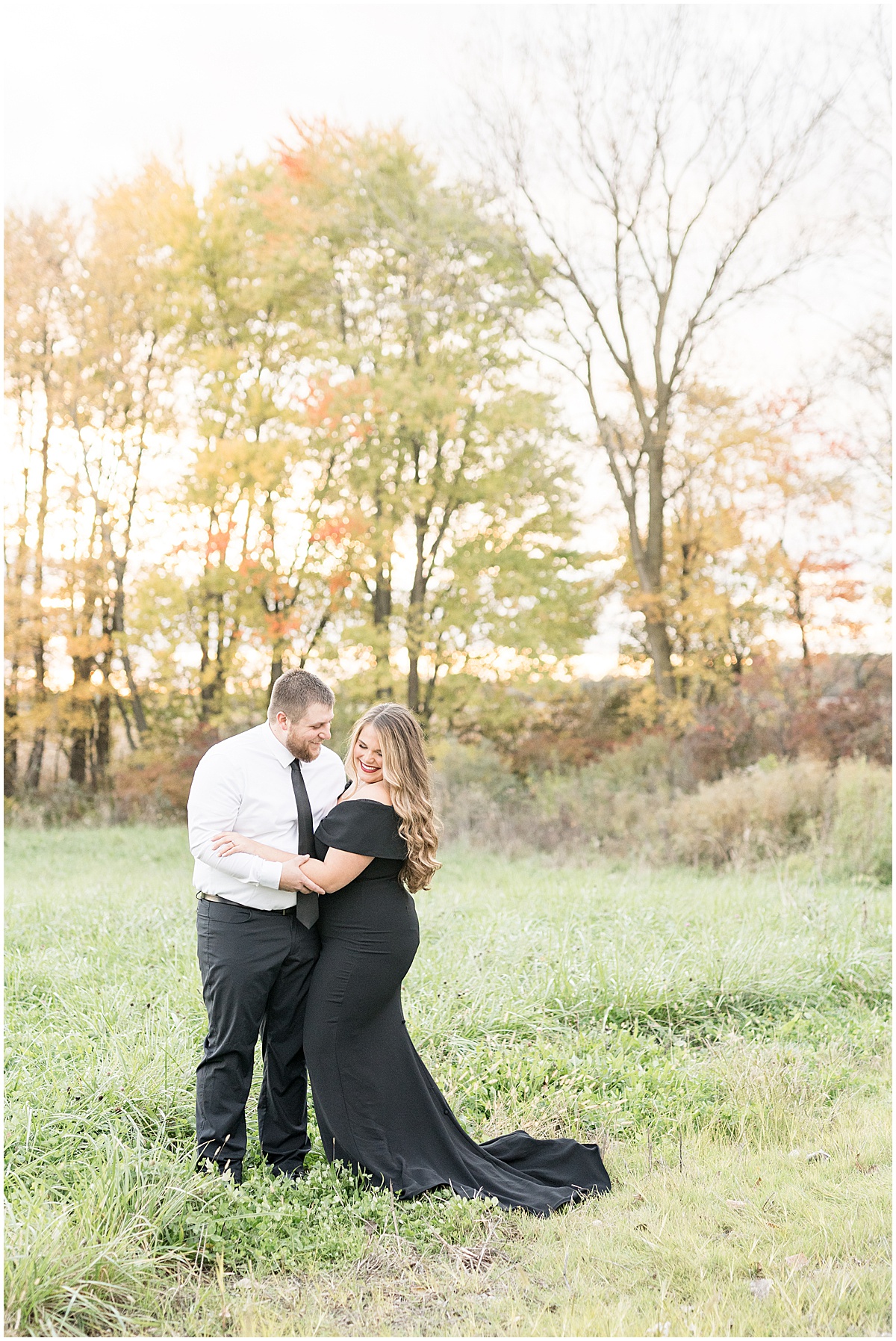 Bride to be in black dress for fall engagement session by Indianapolis wedding photographer Victoria Rayburn Photography