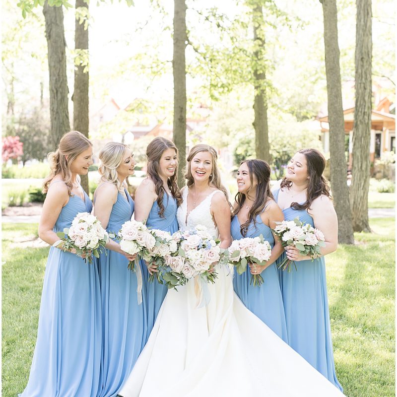 Bride and bridesmaids in blue dresses for summer wedding photos by Indianapolis wedding photographer Victoria Rayburn Photography