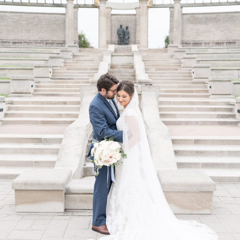 Bride and groom at bottom of steps in Coxhall Gardens by Indianapolis wedding photographer Victoria Rayburn Photography