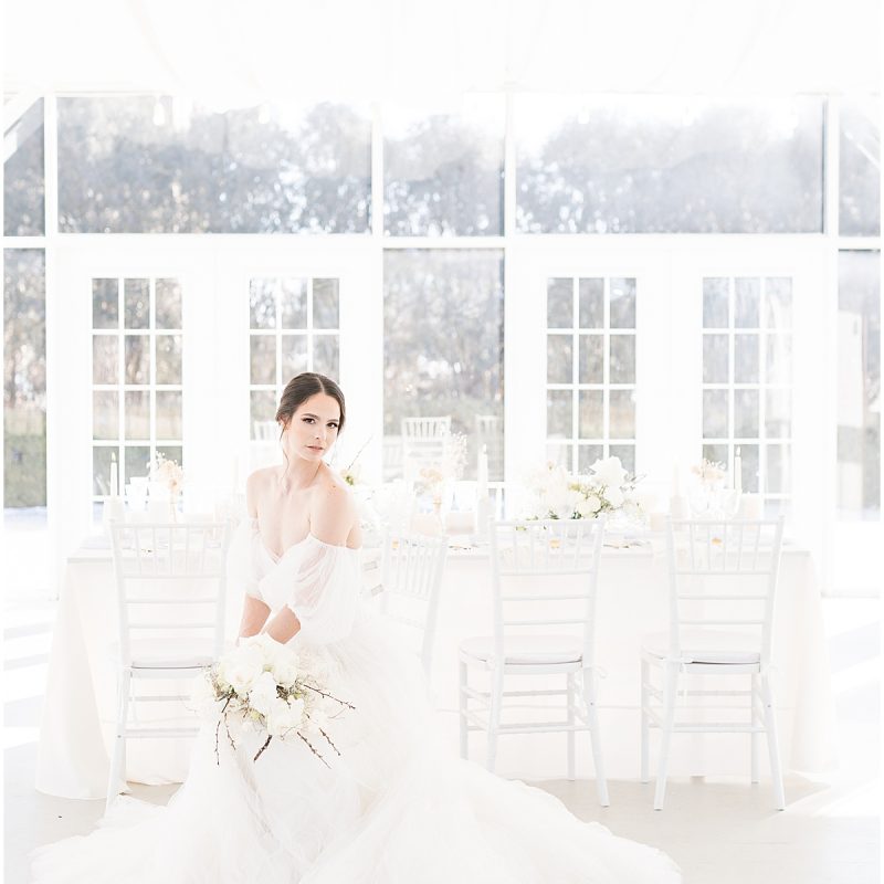 All white bridal portrait in tented wedding venue by Indianapolis wedding photographer Victoria Rayburn Photography