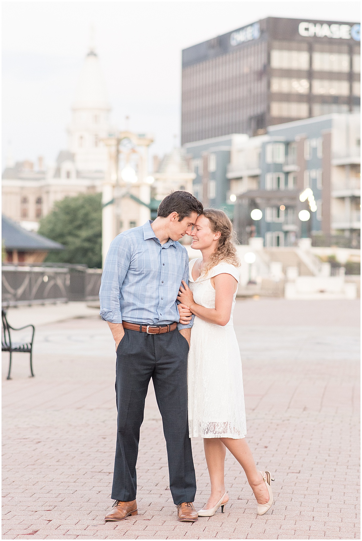 Andrew Mahoney and Julie Feldpausch opted for summer engagement photos in downtown Lafayette, Indiana