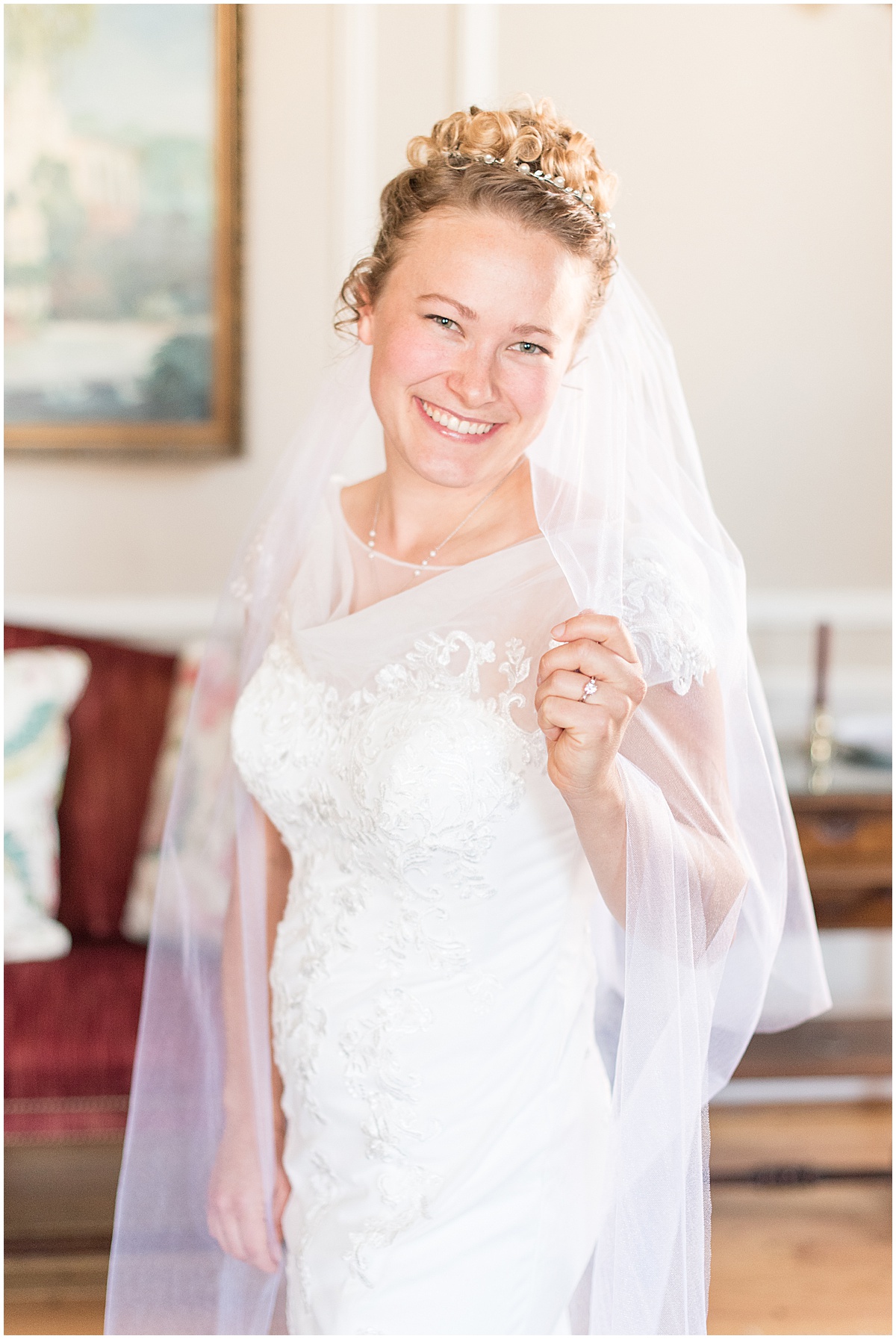 Bride getting ready for wedding at Duncan Hall in Lafayette, Indiana