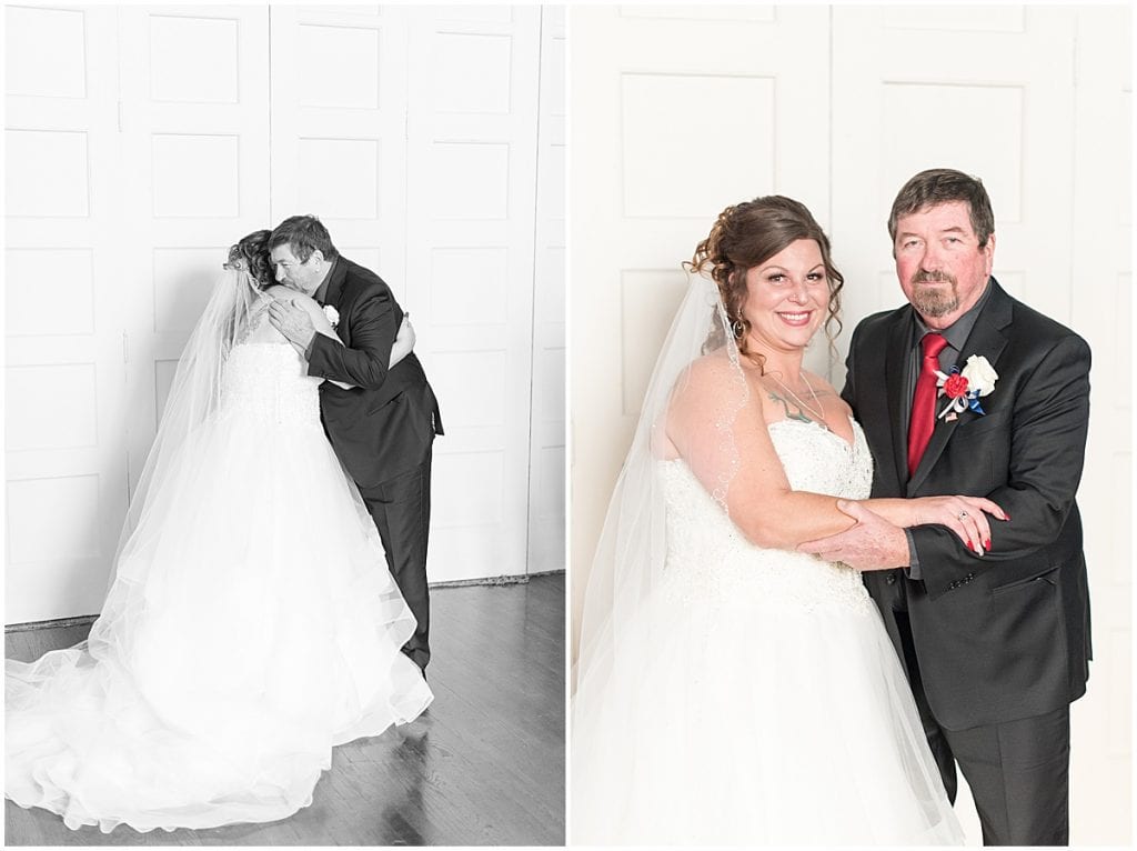 Bride's first look with her father at Trinity United Methodist Church in Lafayette, Indiana