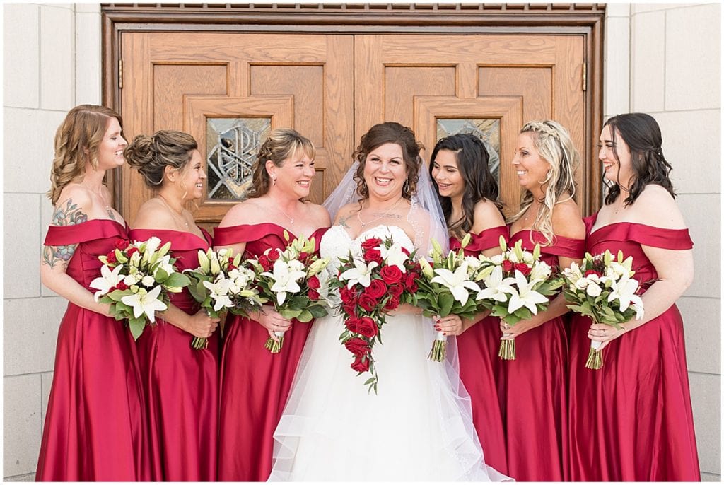 Bride and bridesmaids before wedding at Trinity United Methodist Church in Lafayette, Indiana