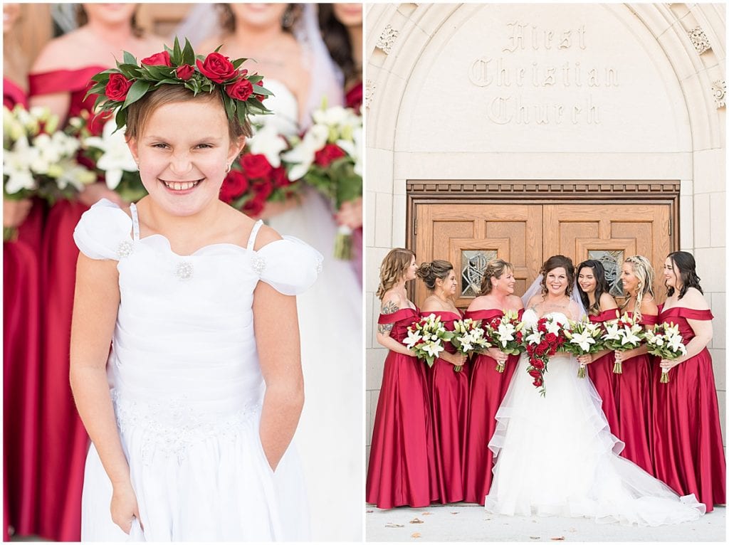 Bride, bridesmaids, and flower girl before wedding at Trinity United Methodist Church in Lafayette, Indiana