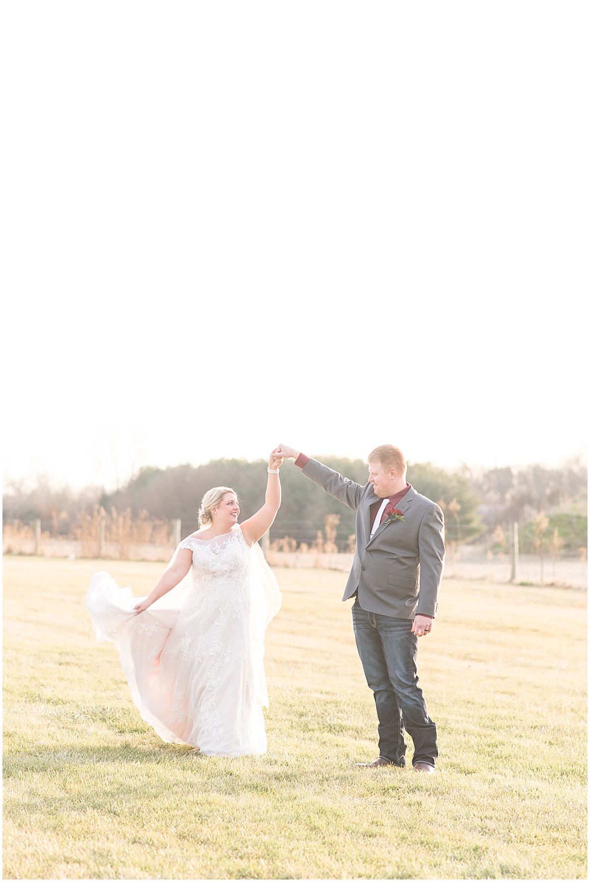 Bride and groom sunset photos at Jasper County Fairgrounds in Rensselaer, Indiana