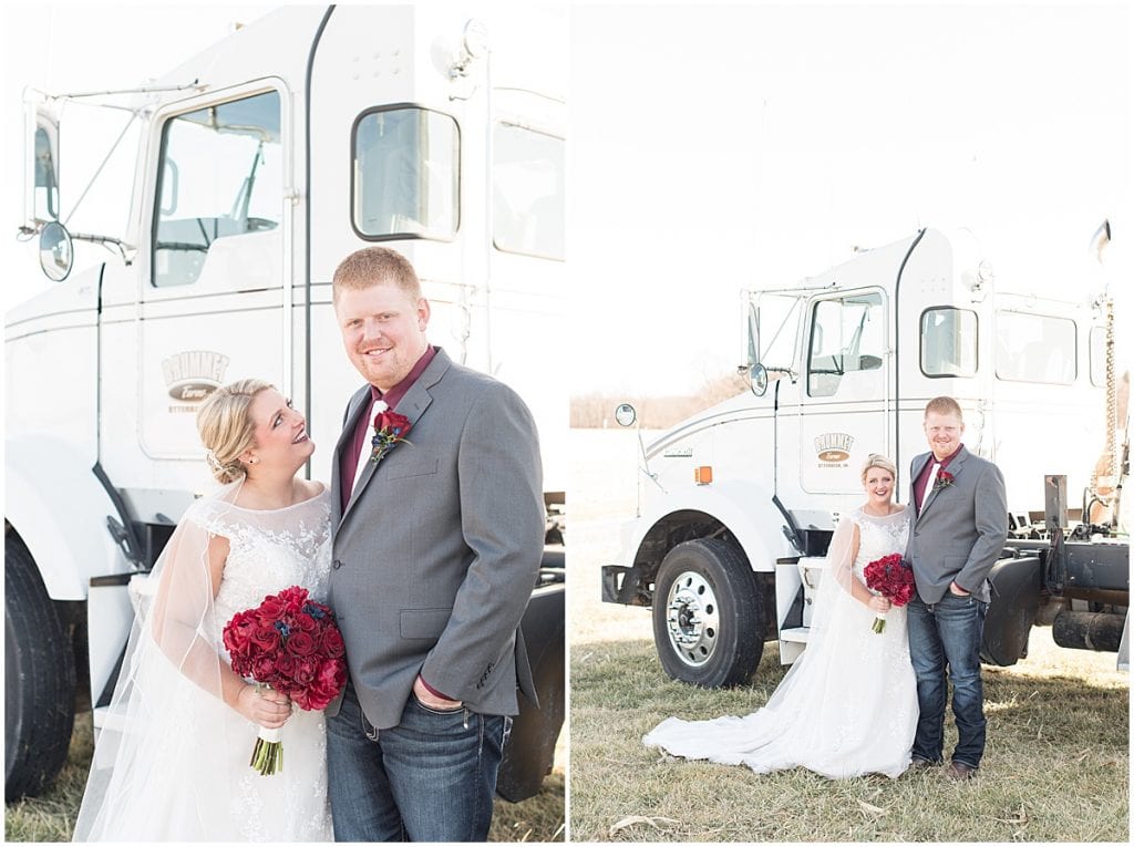 Bride and groom with Brummet Farms semi in Otterbein, Indiana