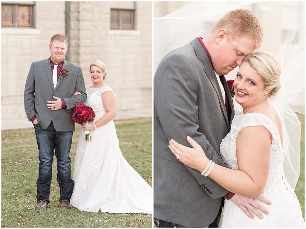 Bride and groom after wedding at Sacred Heart Catholic Church in Fowler, Indiana