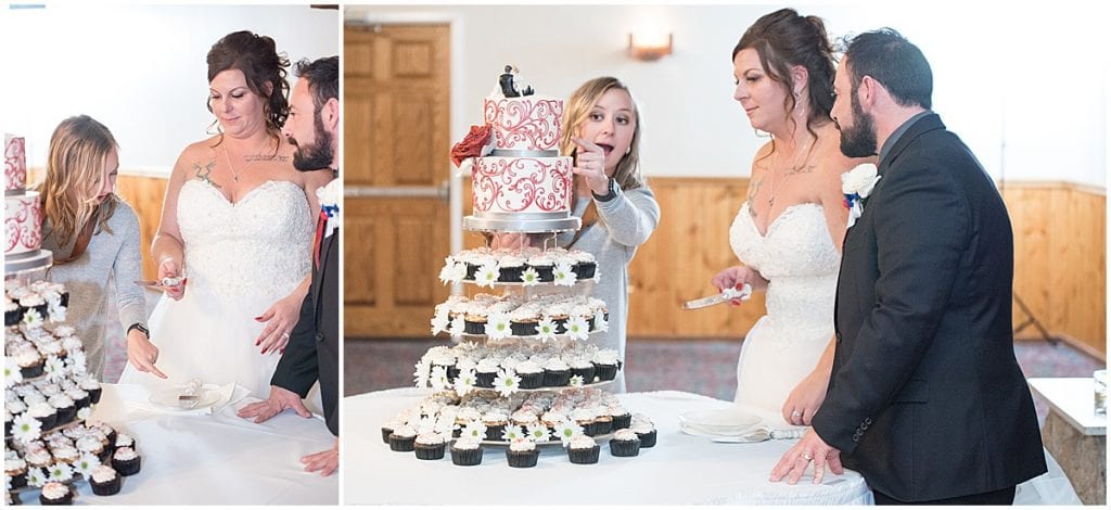 Victoria Rayburn—Lafayette, Indiana wedding photographer—explaining cake cutting to bride and groom