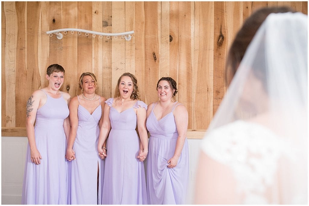 Bride's first look with her bridesmaids at wedding at Hunny Creek Haven in Waldron, Indiana