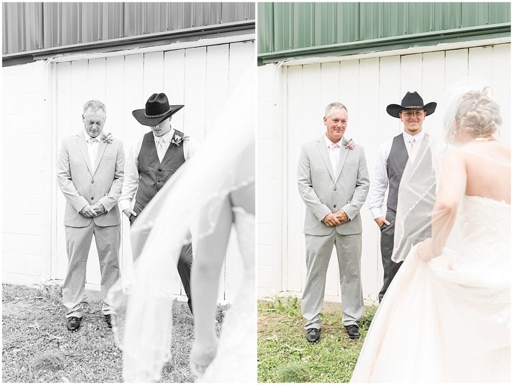 Bride's first look with her dad and brother before wedding at Wea Creek Orchard in Lafayette, Indiana