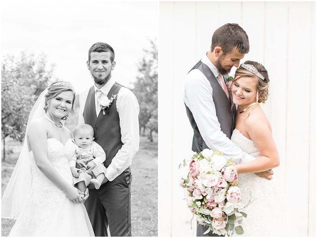 Bride and groom with son at wedding at Wea Creek Orchard in Lafayette, Indiana