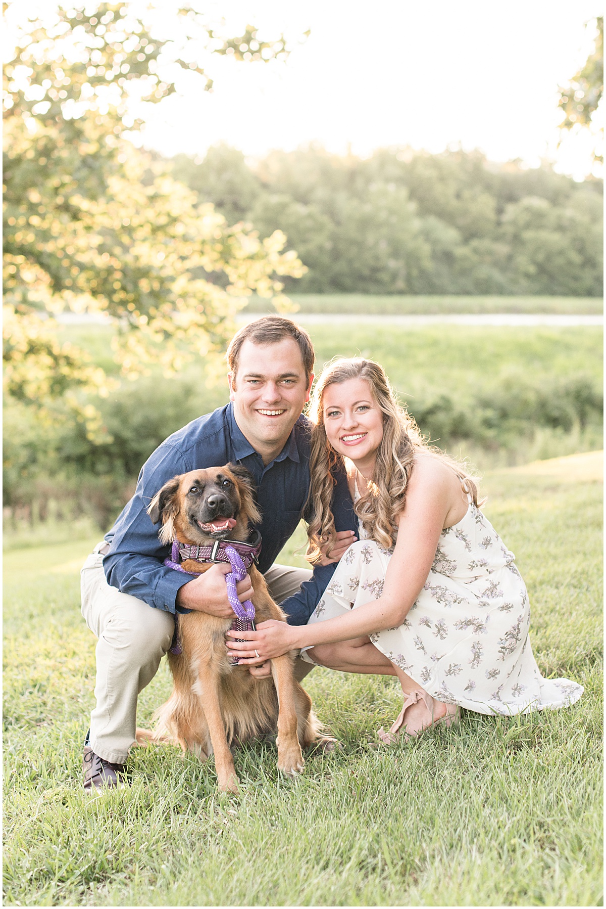 Engaged couple with dog in Lakefront engagement photos in Lafayette, Indiana