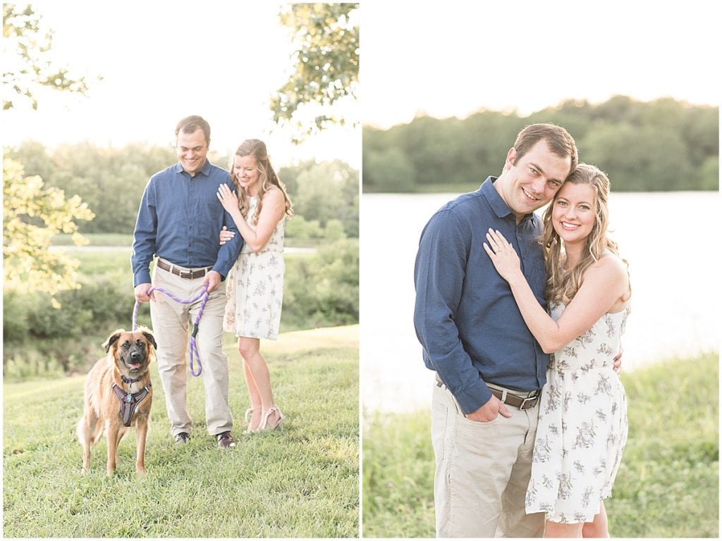 Engaged couple with dog in Lakefront engagement photos in Lafayette, Indiana