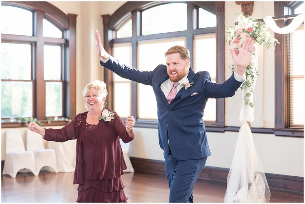 Groom and mother dancing at Spohn Ballroom wedding in Goshen, Indiana
