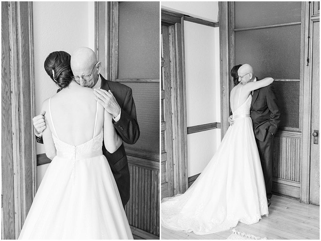 Bride first look with father at Spohn Ballroom wedding in Goshen, Indiana