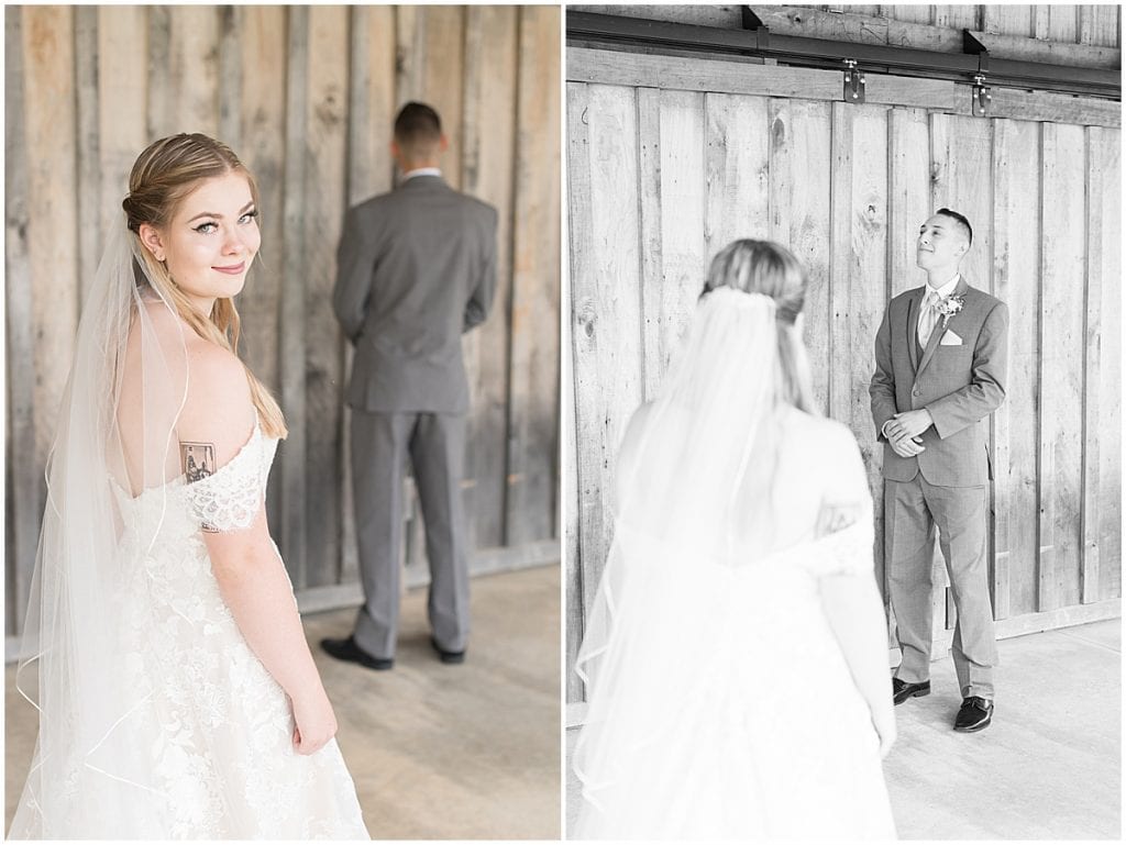 Bride and groom's first look before wedding at Whippoorwill Hill in Bloomington, Indiana