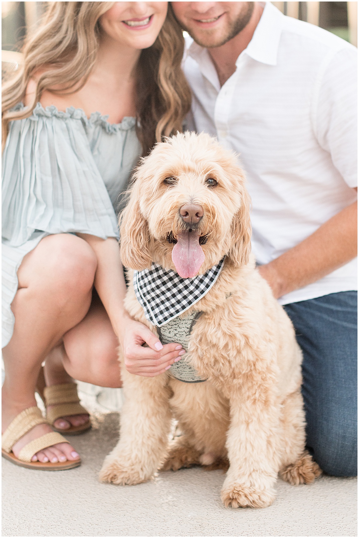 Anniversary photos on the John T Myers Pedestrian Bridge in Lafayette, Indiana with goldendoodle