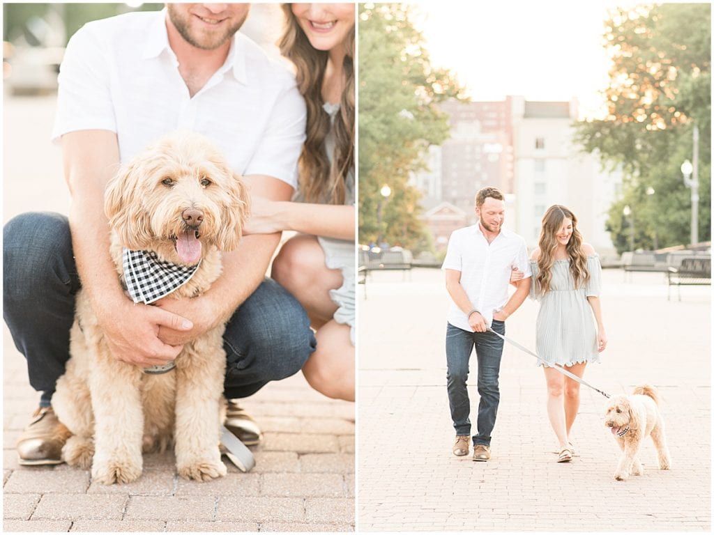 Anniversary photos on the John T Myers Pedestrian Bridge in Lafayette, Indiana with goldendoodle