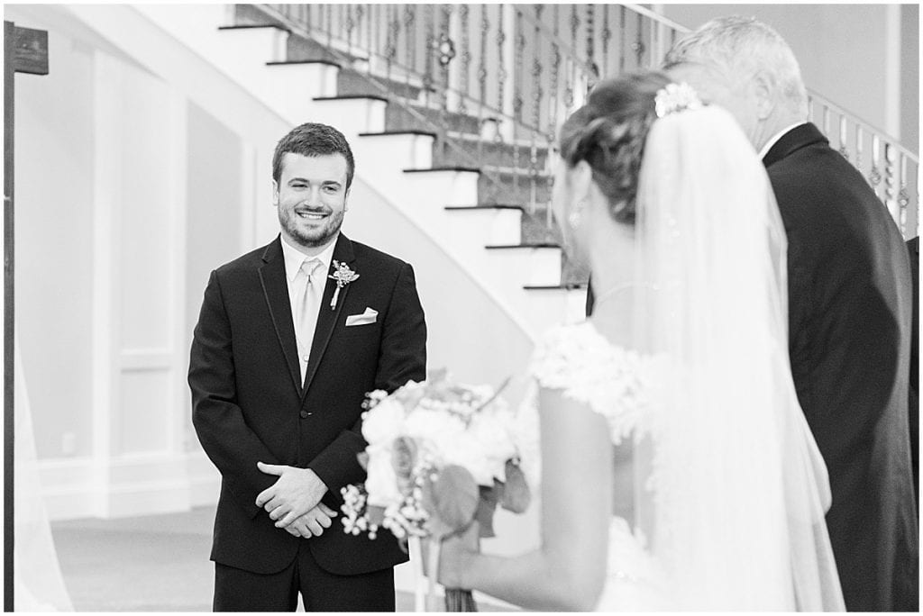 Grooms reaction to bride at Bel Air Events Wedding in Kokomo, Indiana