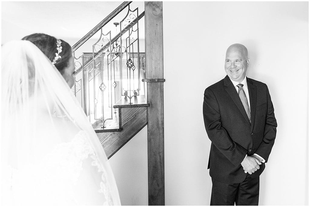 Father daughter first look photos at Meadow Springs Manor wedding in Francesville, Indiana