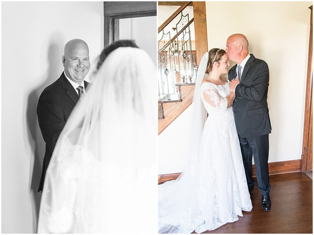 Father daughter first look photos at Meadow Springs Manor wedding in Francesville, Indiana
