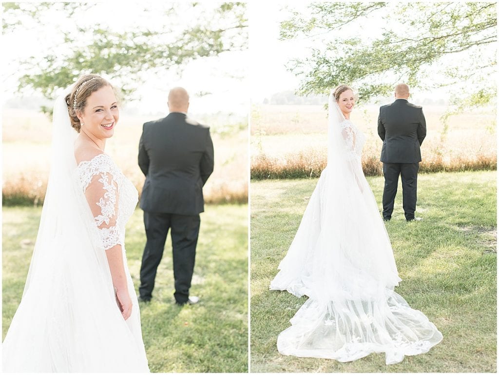First look photos at Meadow Springs Manor wedding in Francesville, Indiana