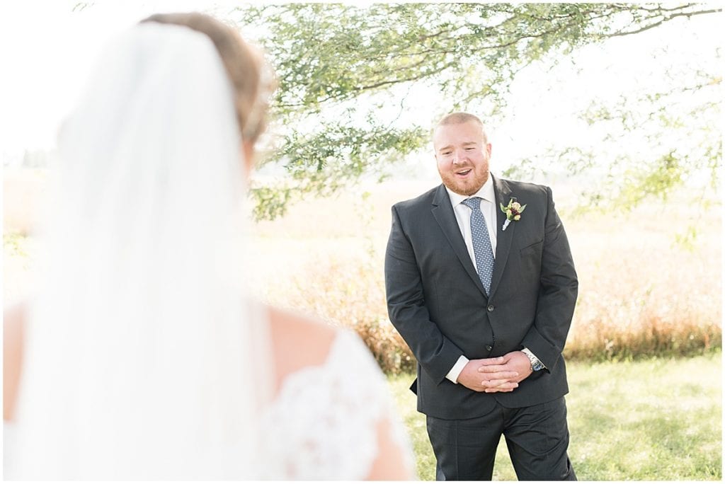 First look photos at Meadow Springs Manor wedding in Francesville, Indiana