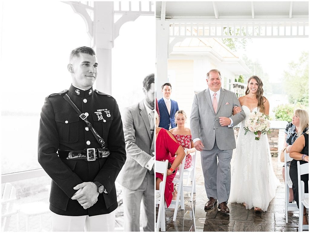 Groom's reaction to bride walking down the aisle at the Lighthouse Restaurant in Cedar Lake, Indiana