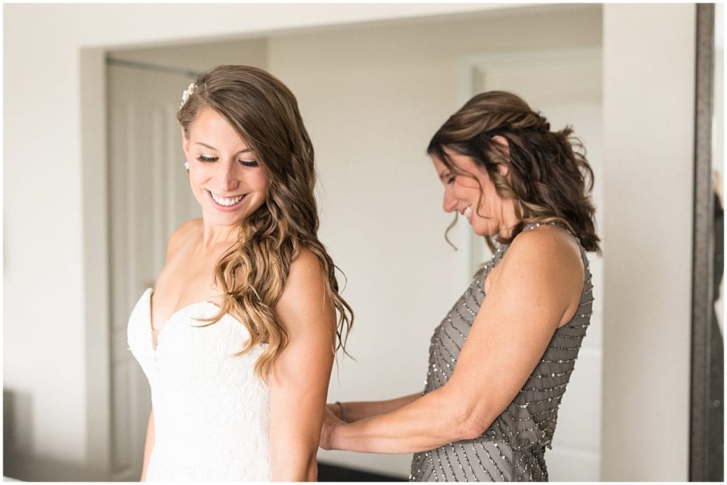 Bride getting ready for her wedding at the Lighthouse Restaurant in Cedar Lake, Indiana