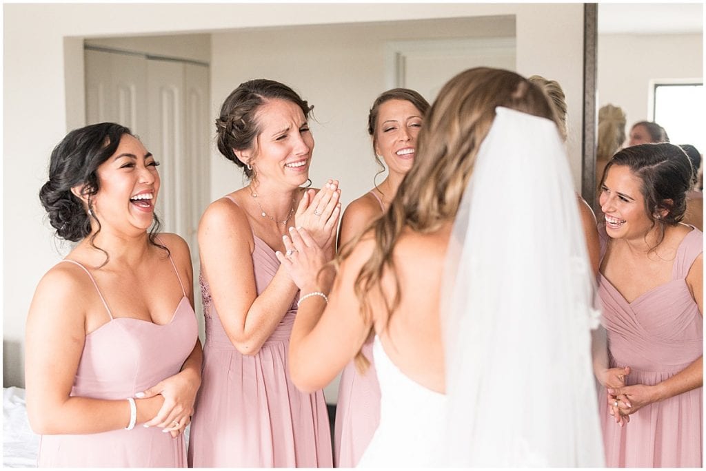 Bridesmaids first look reaction to bride in Cedar Lake, Indiana