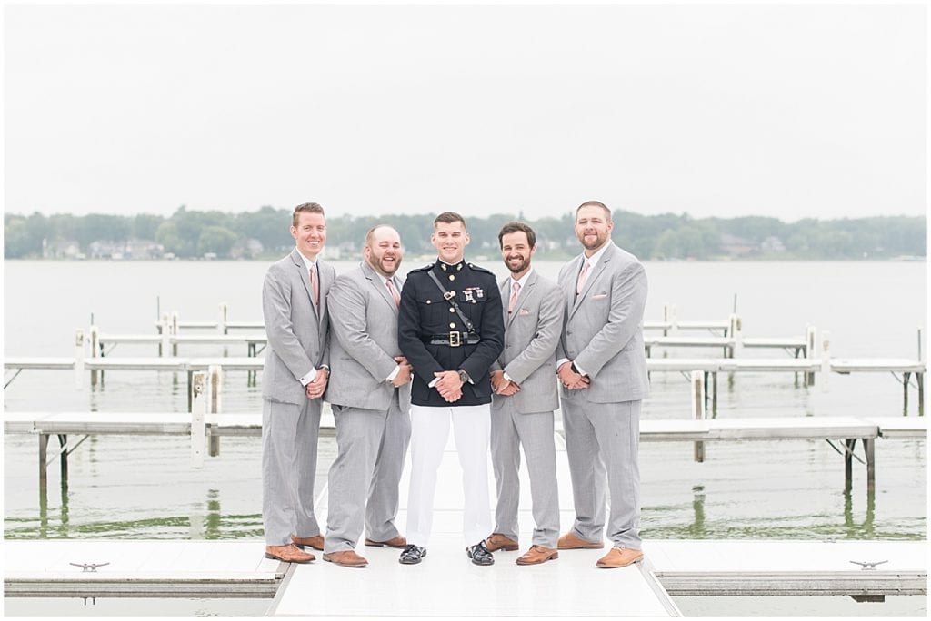 Bridal party photos on pier outside of the Lighthouse Restaurant in Cedar Lake, Indiana