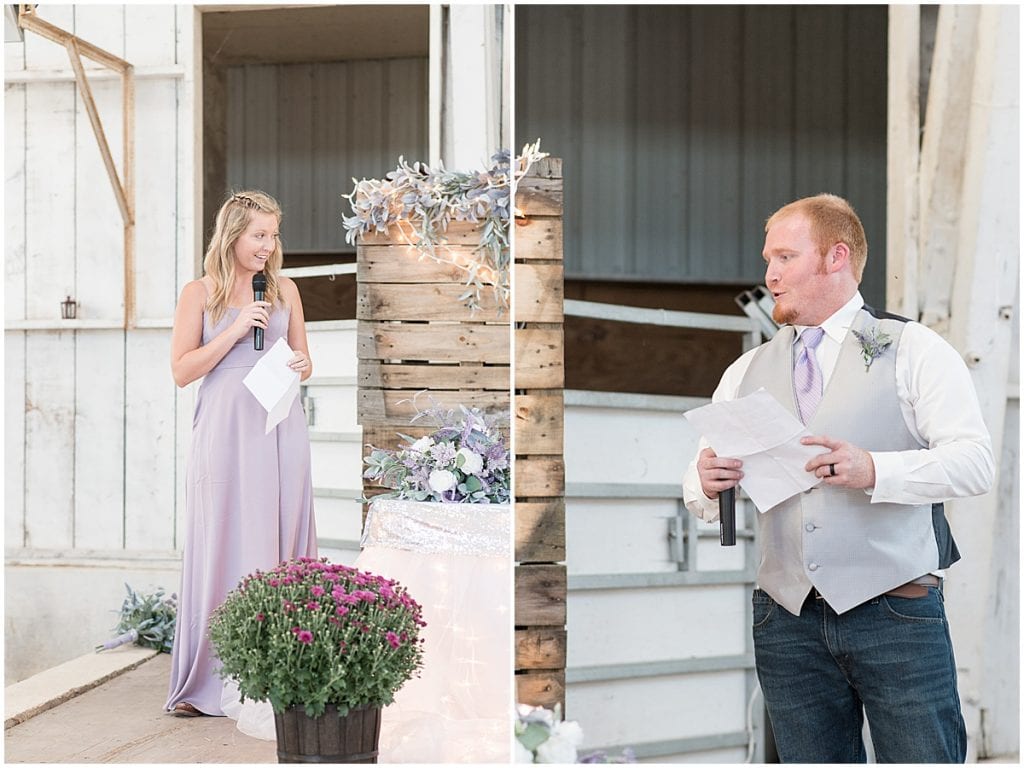 Best man and woman speech for reception at Wagner Angus Barn in Wolcott, Indiana