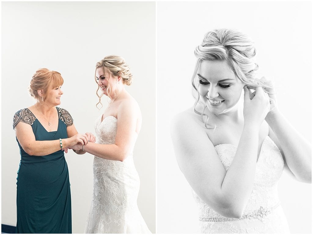 Mother of the bride helping bride get ready for Brownsburg, Indiana wedding