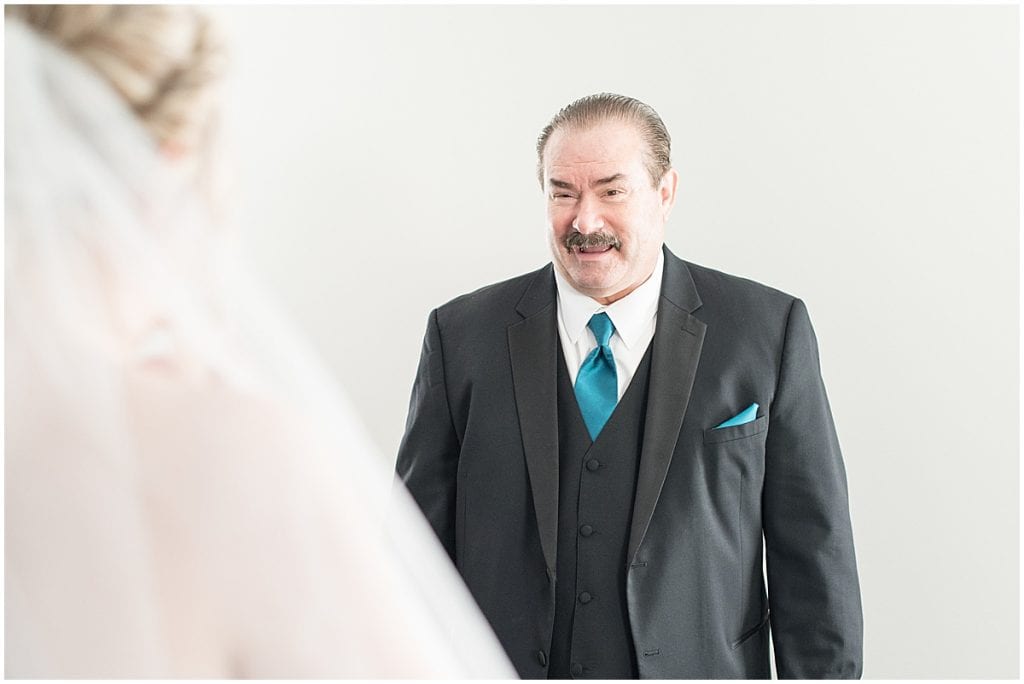 First look with father of the bride at Cornerstone Christian Church before fall wedding