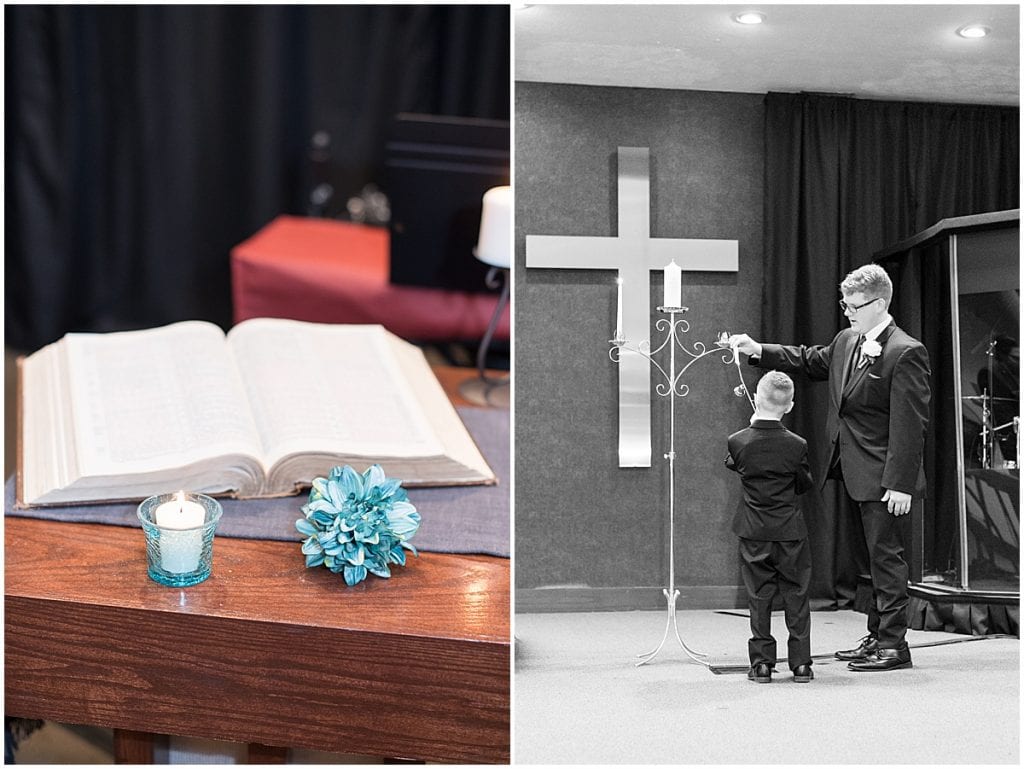 Wedding ceremony details at Cornerstone Christian Church in Brownsburg, Indiana