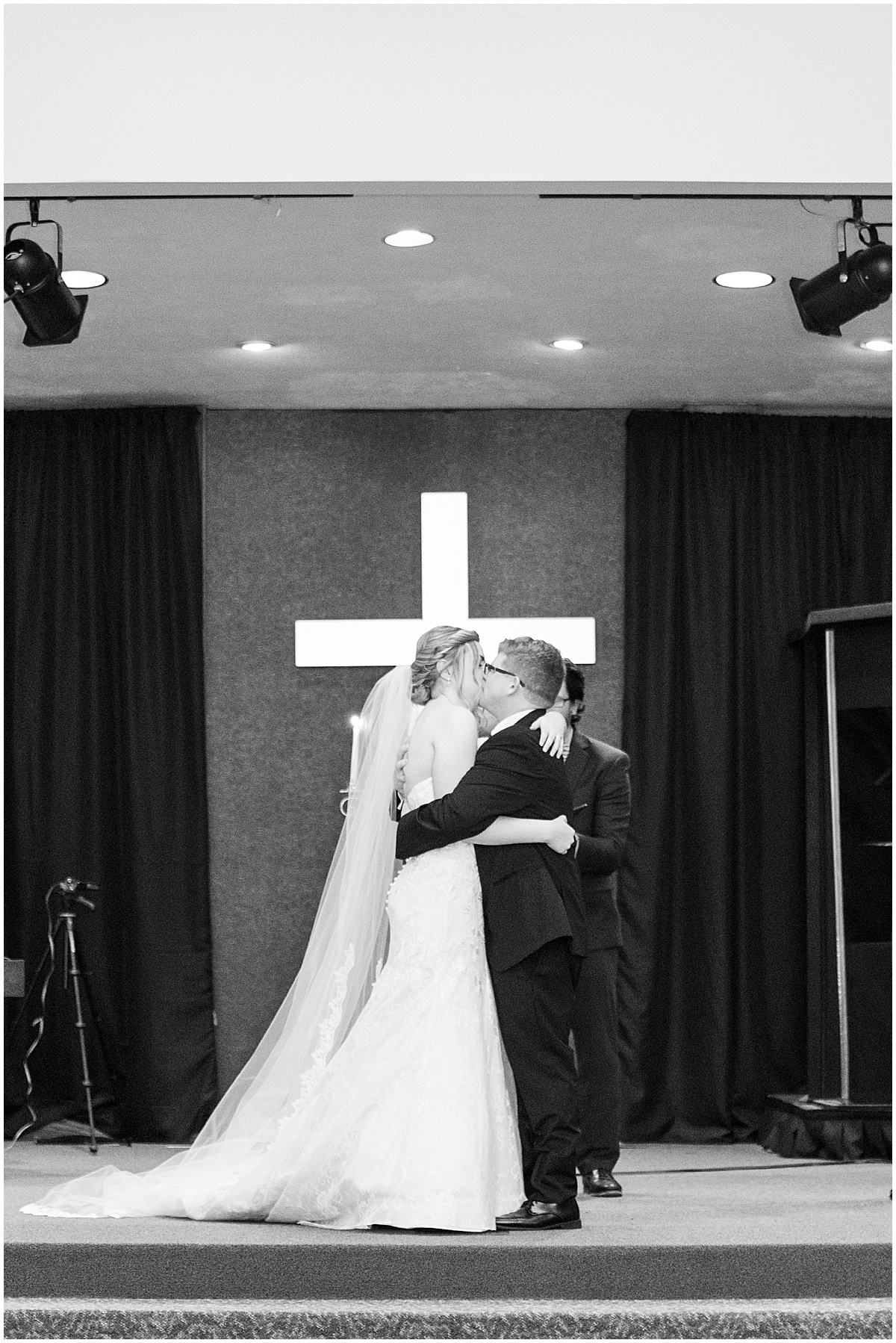 Wedding kiss at Cornerstone Christian Church wedding in Brownsburg, Indiana