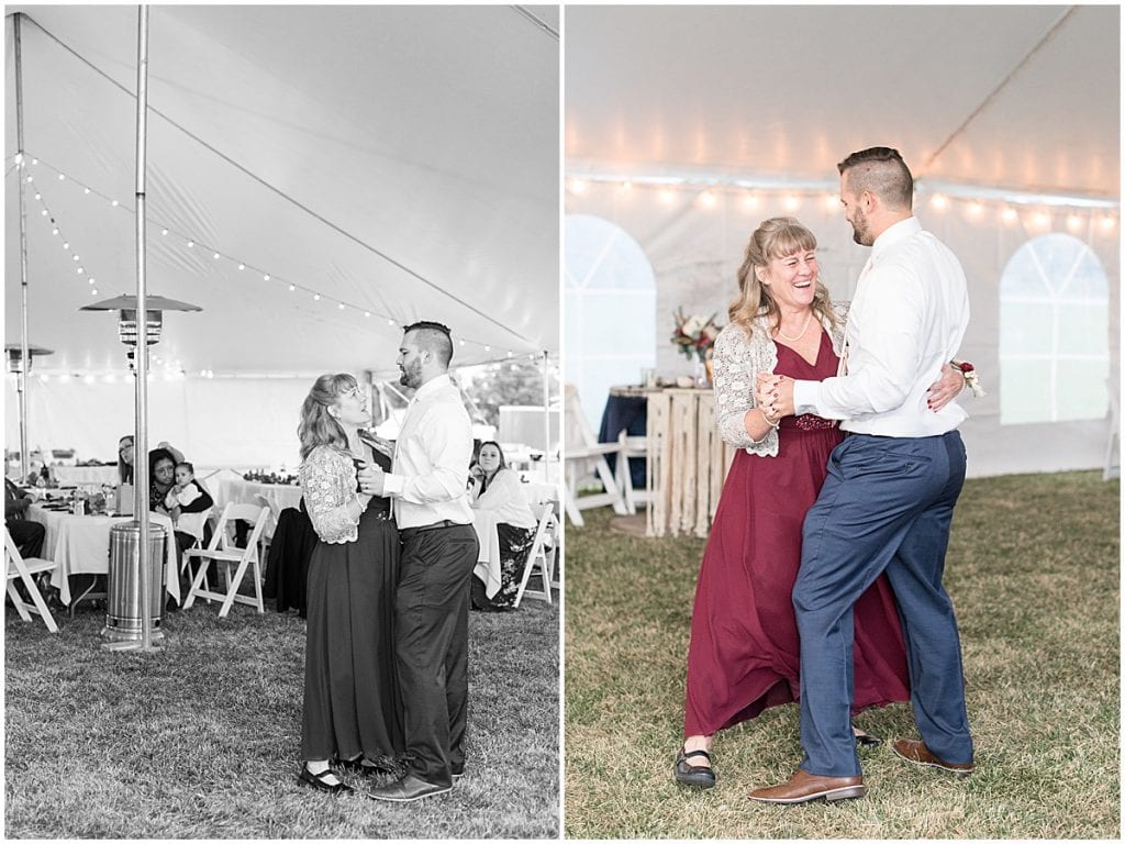 Mother of the groom and groom dance during reception in Lafayette, Indiana