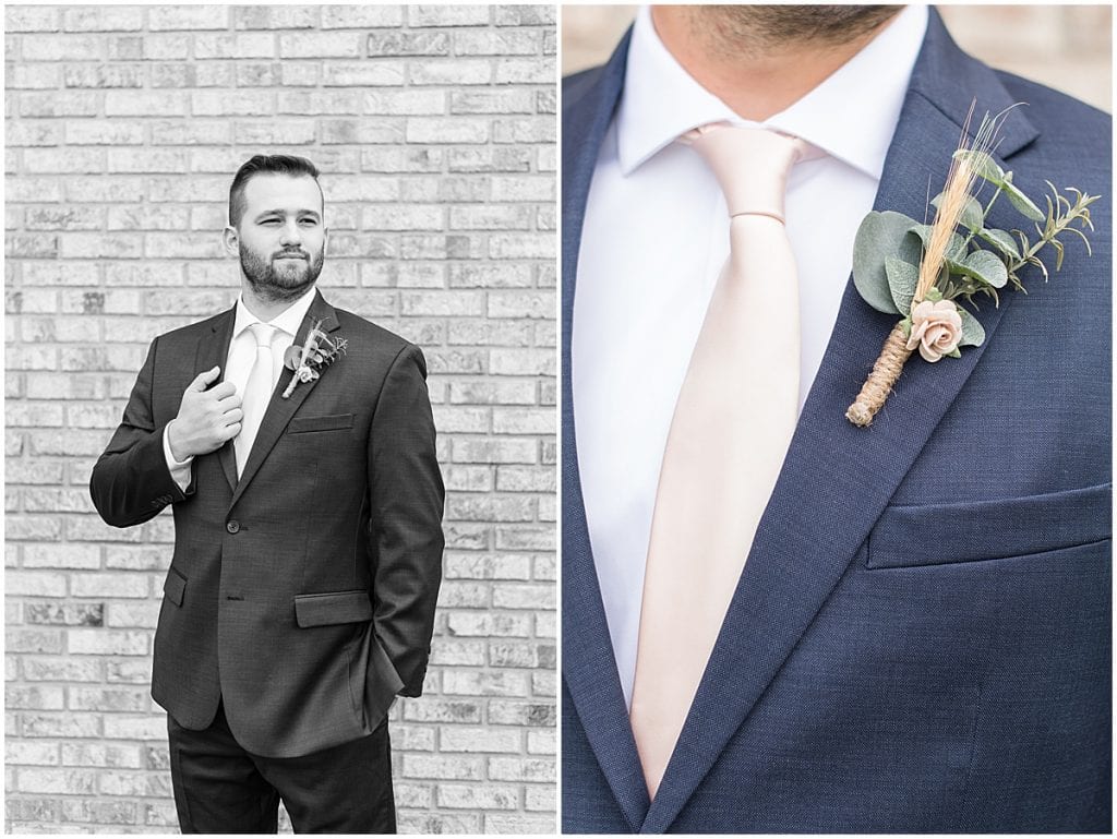Groom portraits outside Innovation Church in Lafayette, Indiana