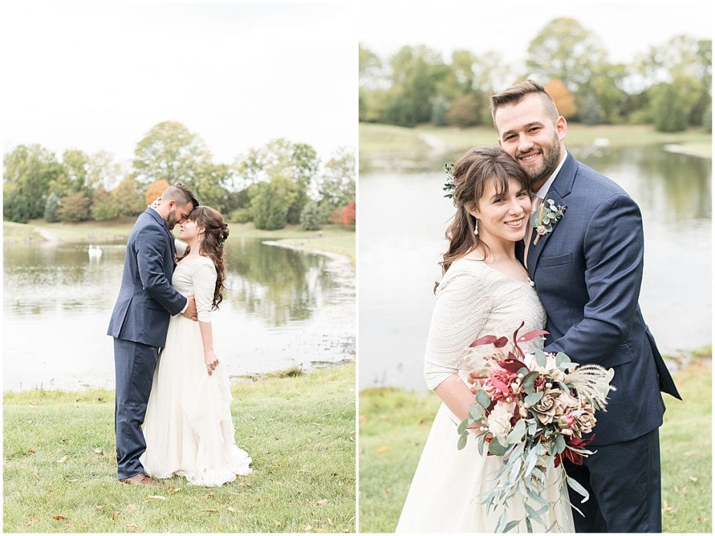 Bride and groom portraits next to pond in Lafayette, Indiana