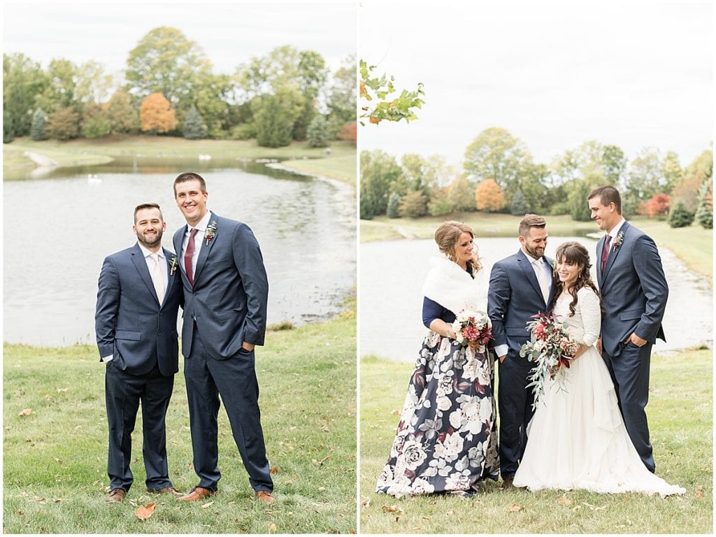 Wedding party portraits next to pond in Lafayette, Indiana