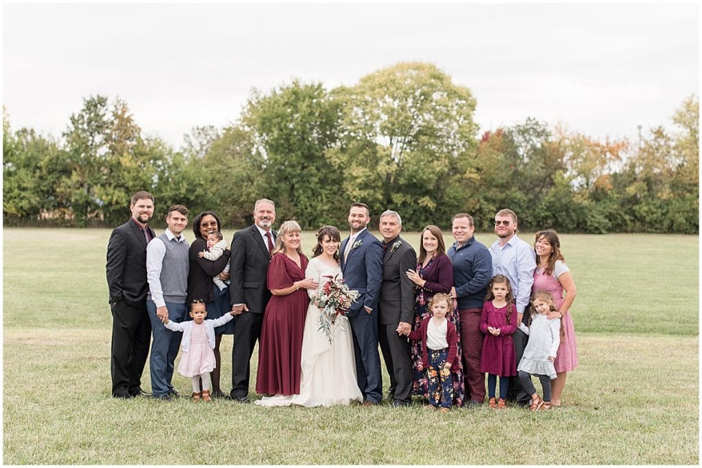 Entire family portrait after wedding at Innovation Church in Lafayette, Indiana
