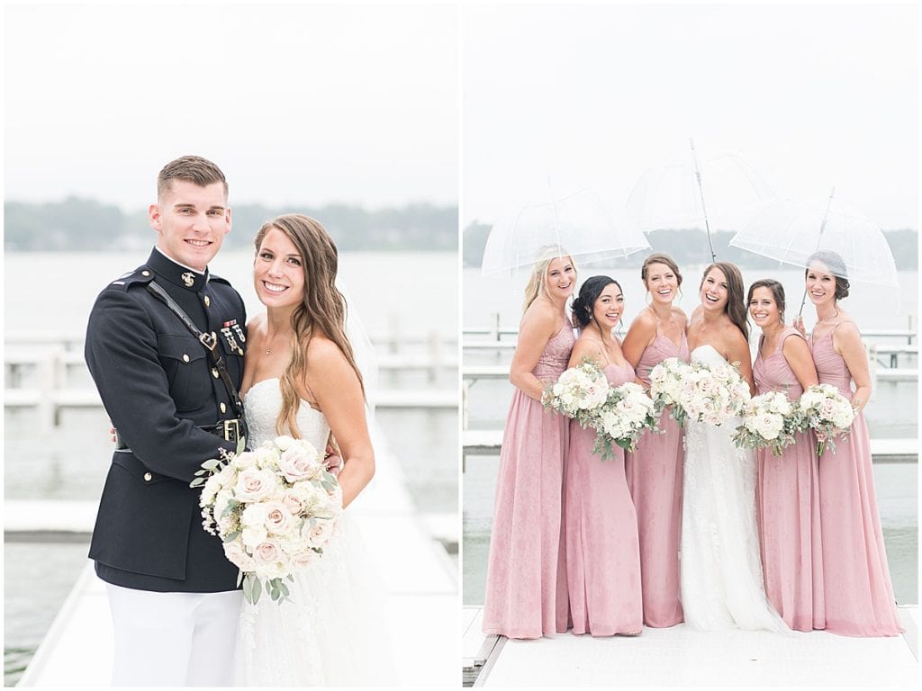 Bridal party on pier before wedding at The Lighthouse Restaurant in Cedar Lake, Indiana by Victoria Rayburn Photography