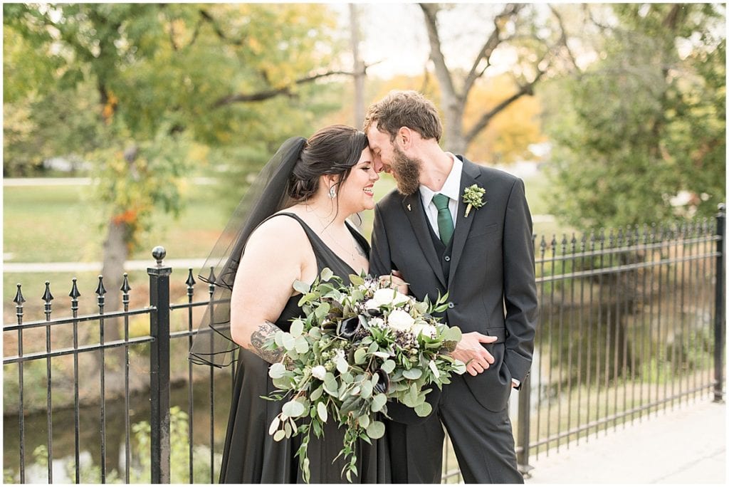 Just married photos after eMbers Venue wedding in Rensselaer, Indiana with a bride wearing black by Victoria Rayburn Photography