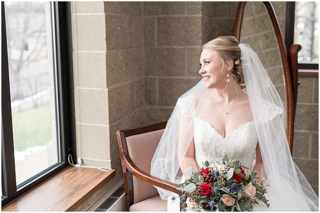 Bridal portraits before winter wedding at the Cathedral of Saint Mary