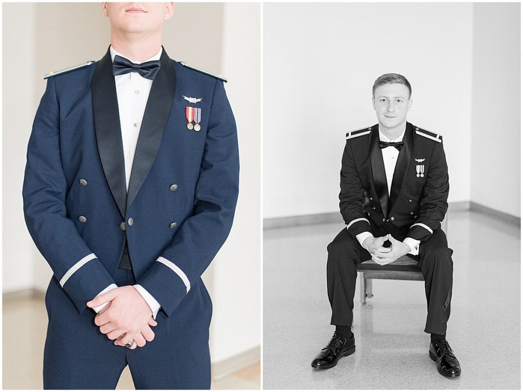 Military groom portraits at winter wedding at the Cathedral of Saint Mary in Lafayette, Indiana